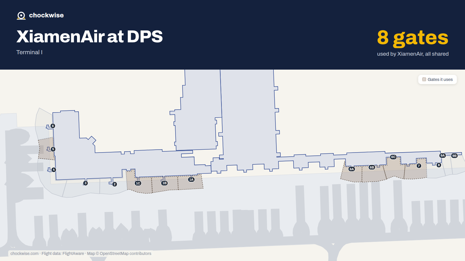 Map of DPS with the gates Xiamen Airlines uses highlighted: 1A, 1B, 1C, 5, 6A, 6B, 6C and 7.