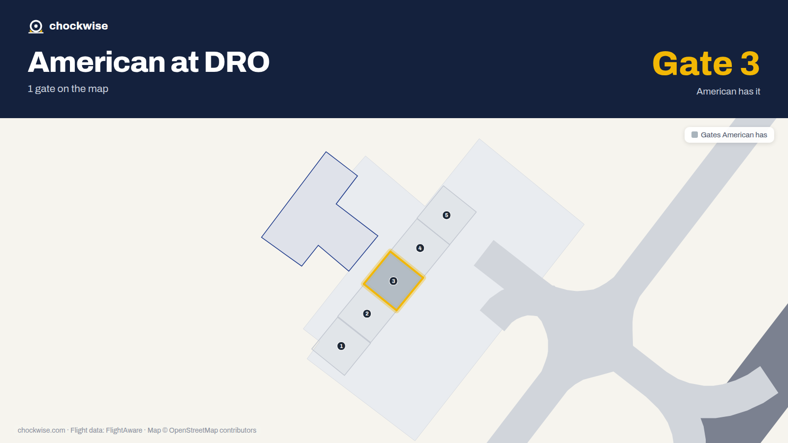 Map of DRO with the gates American Airlines uses highlighted: 3.