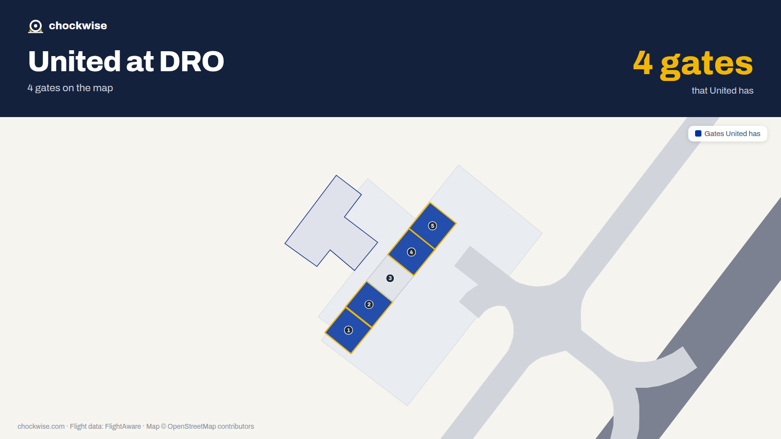 Map of DRO with the gates United Airlines uses highlighted: 1, 2, 4 and 5.