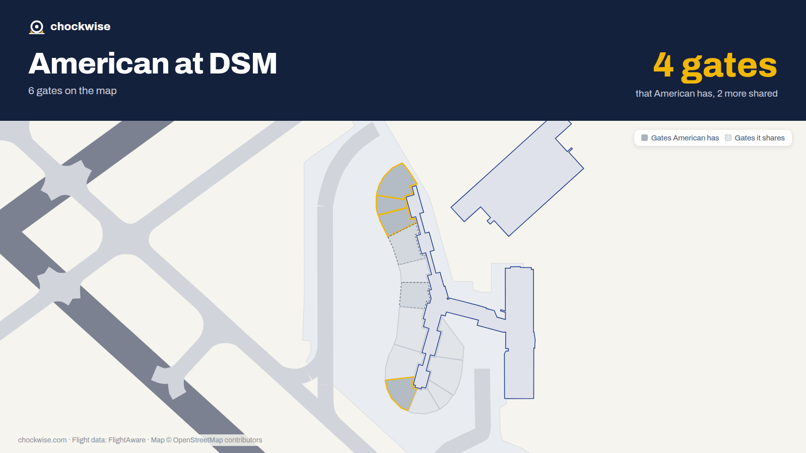 Map of DSM with the gates American Airlines uses highlighted: 14, 15, 16 and 24.