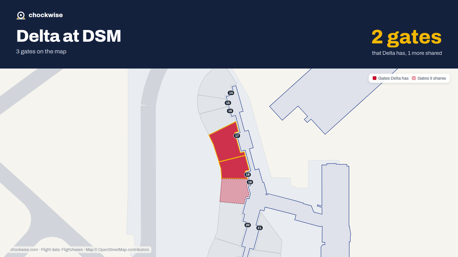 Map of DSM with the gates Delta Air Lines uses highlighted: 17 and 18.