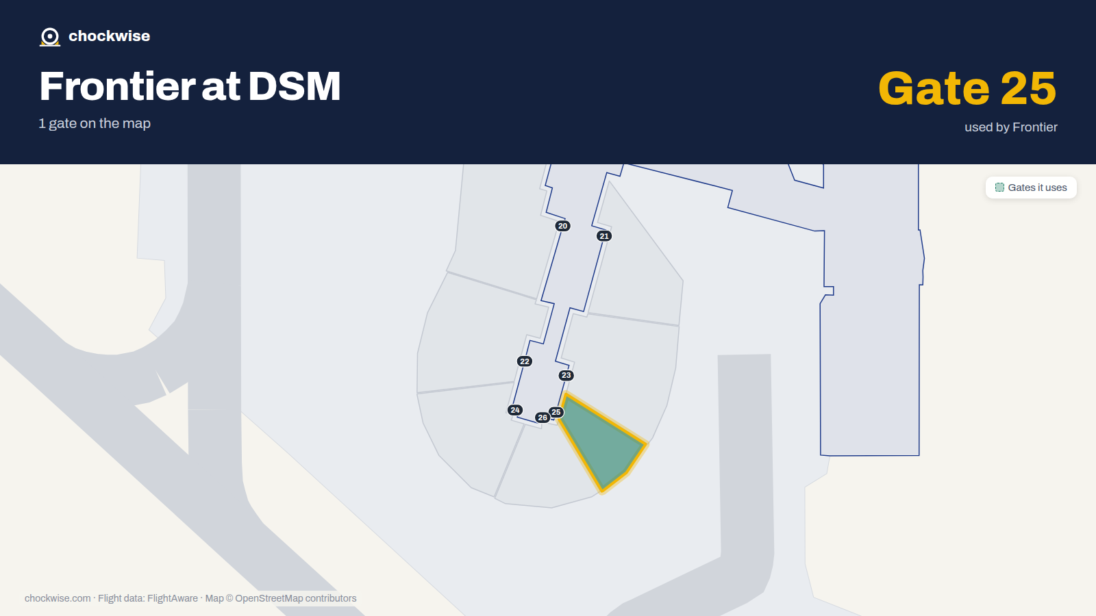 Map of DSM with the gates Frontier Airlines uses highlighted: 25.