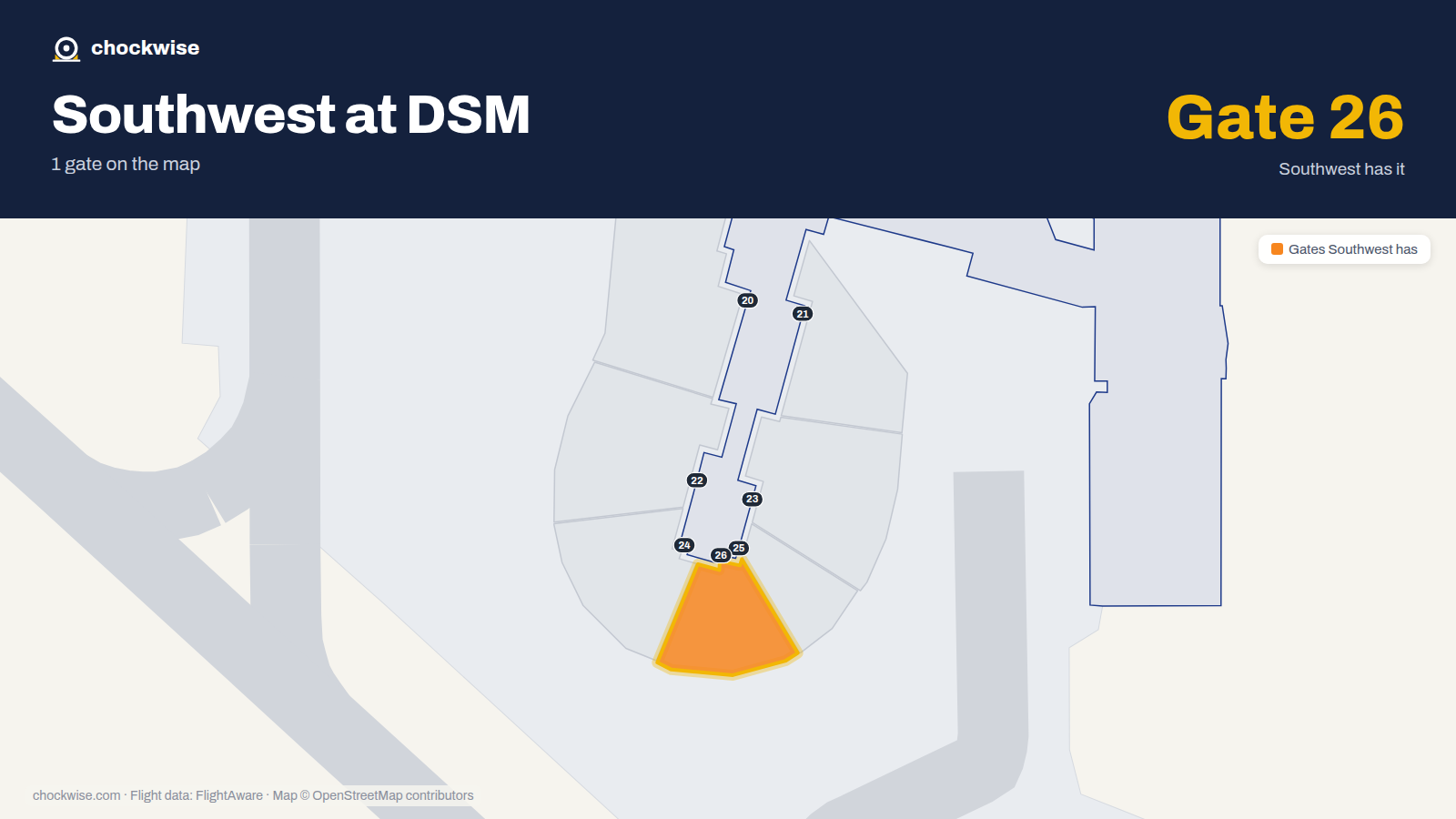 Map of DSM with the gates Southwest Airlines uses highlighted: 26.