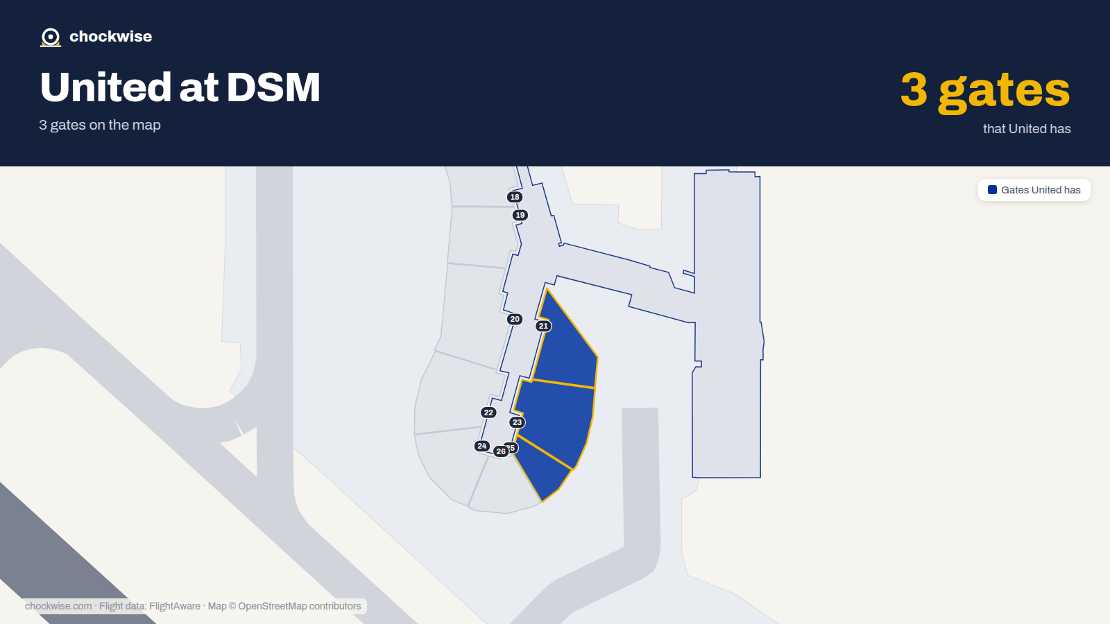 Map of DSM with the gates United Airlines uses highlighted: 21, 23 and 25.
