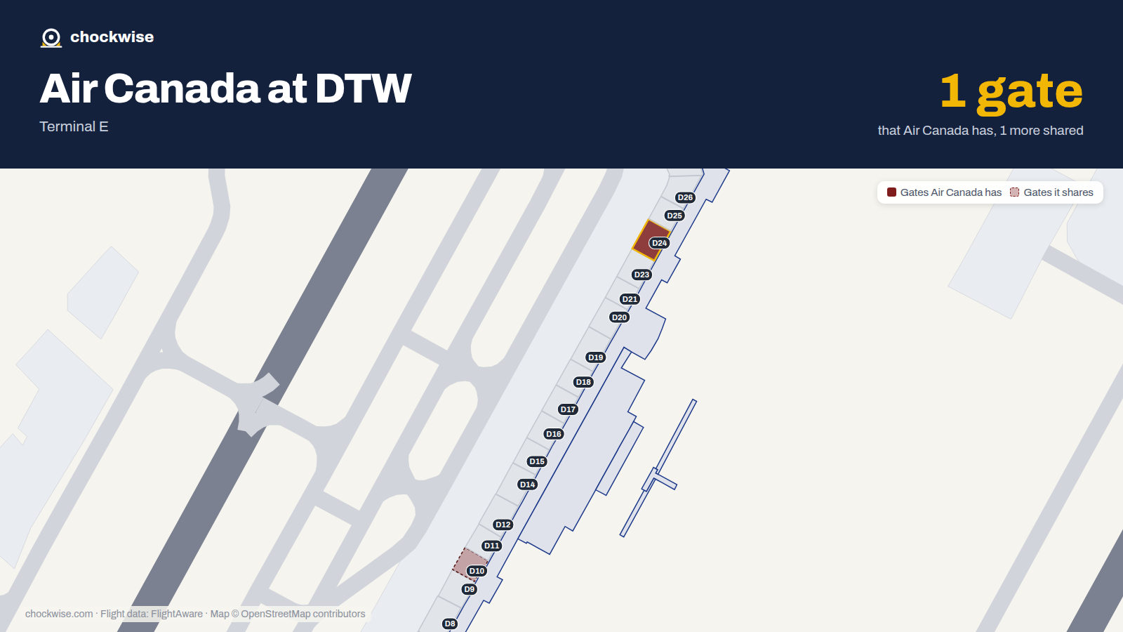 Map of DTW with the gates Air Canada uses highlighted: D24.