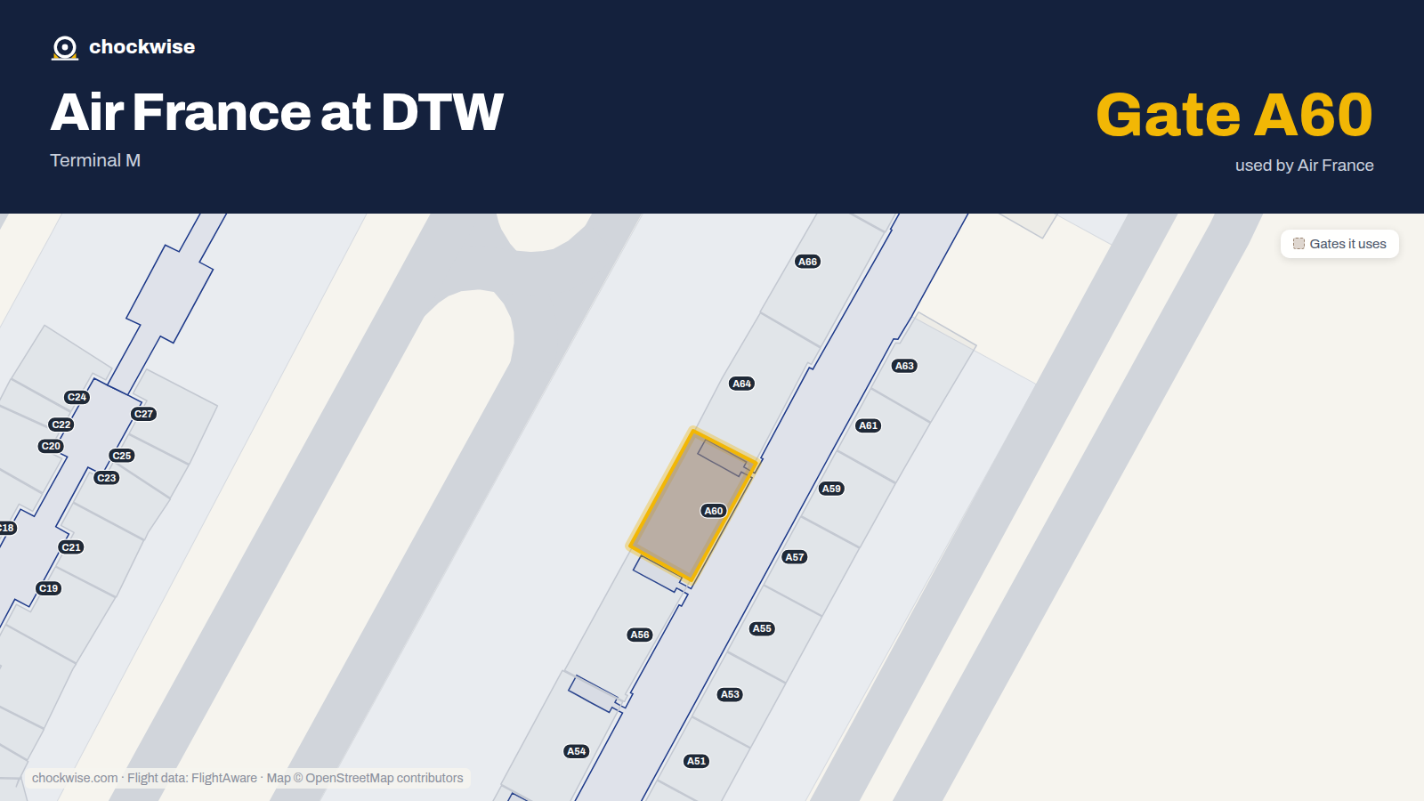 Map of DTW with the gates Air France uses highlighted: A60.
