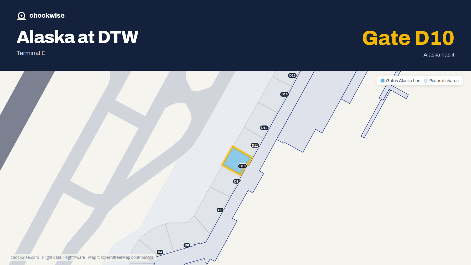 Map of DTW with the gates Alaska Airlines uses highlighted: D5 and D10.