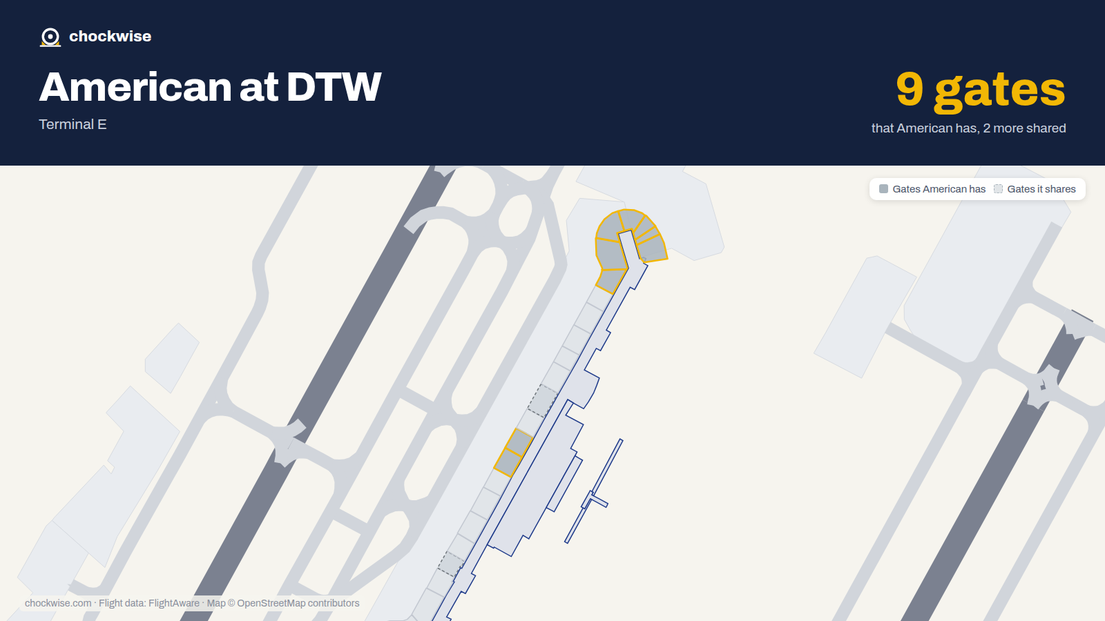 Map of DTW with the gates American Airlines uses highlighted: D16, D17, D26, D27, D28, D29, D30, D31 and 1 more.
