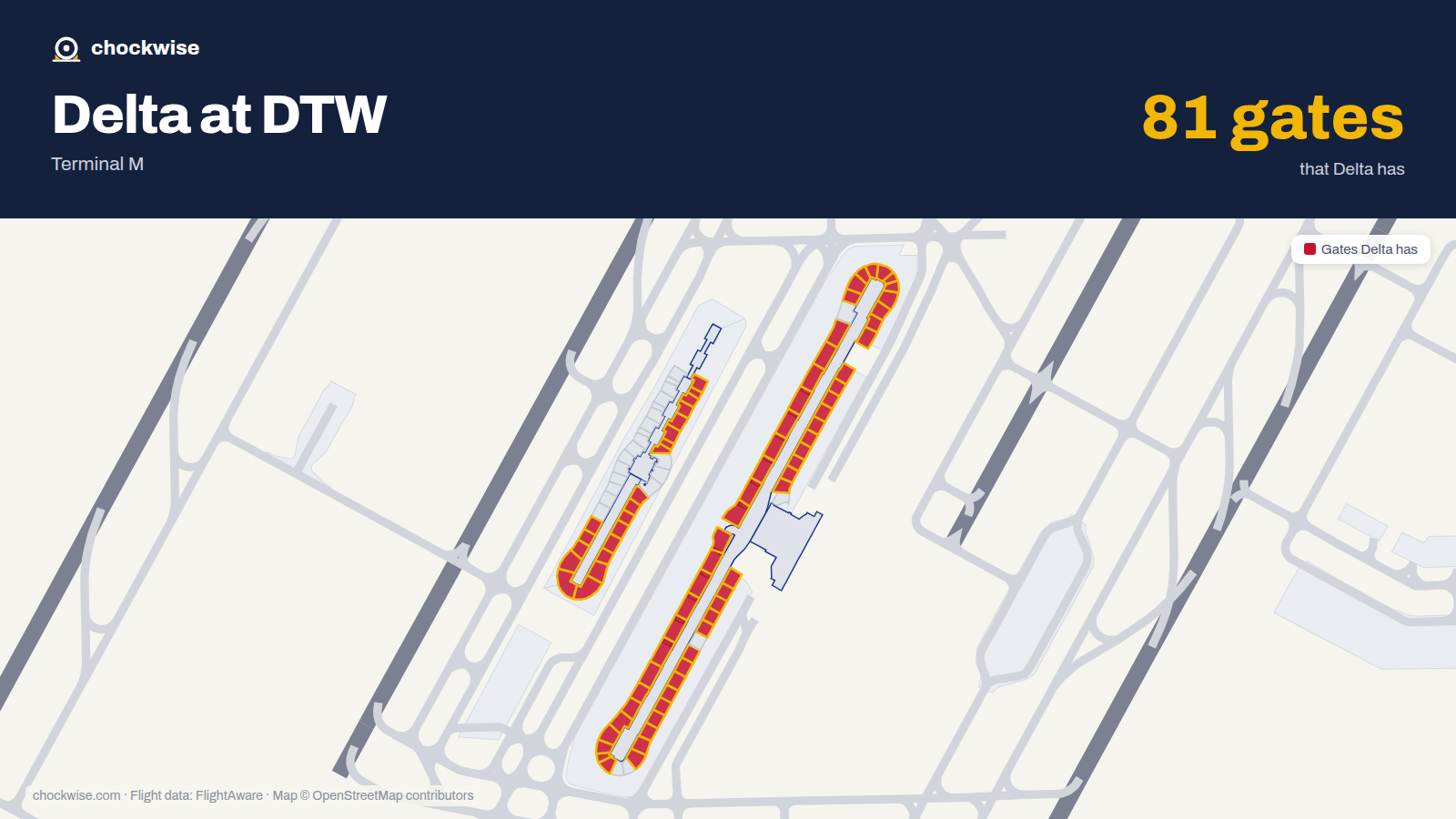 Map of DTW with the gates Delta Air Lines uses highlighted: B1, A2, B3, A4, A5, B5, A6, A7 and 71 more.