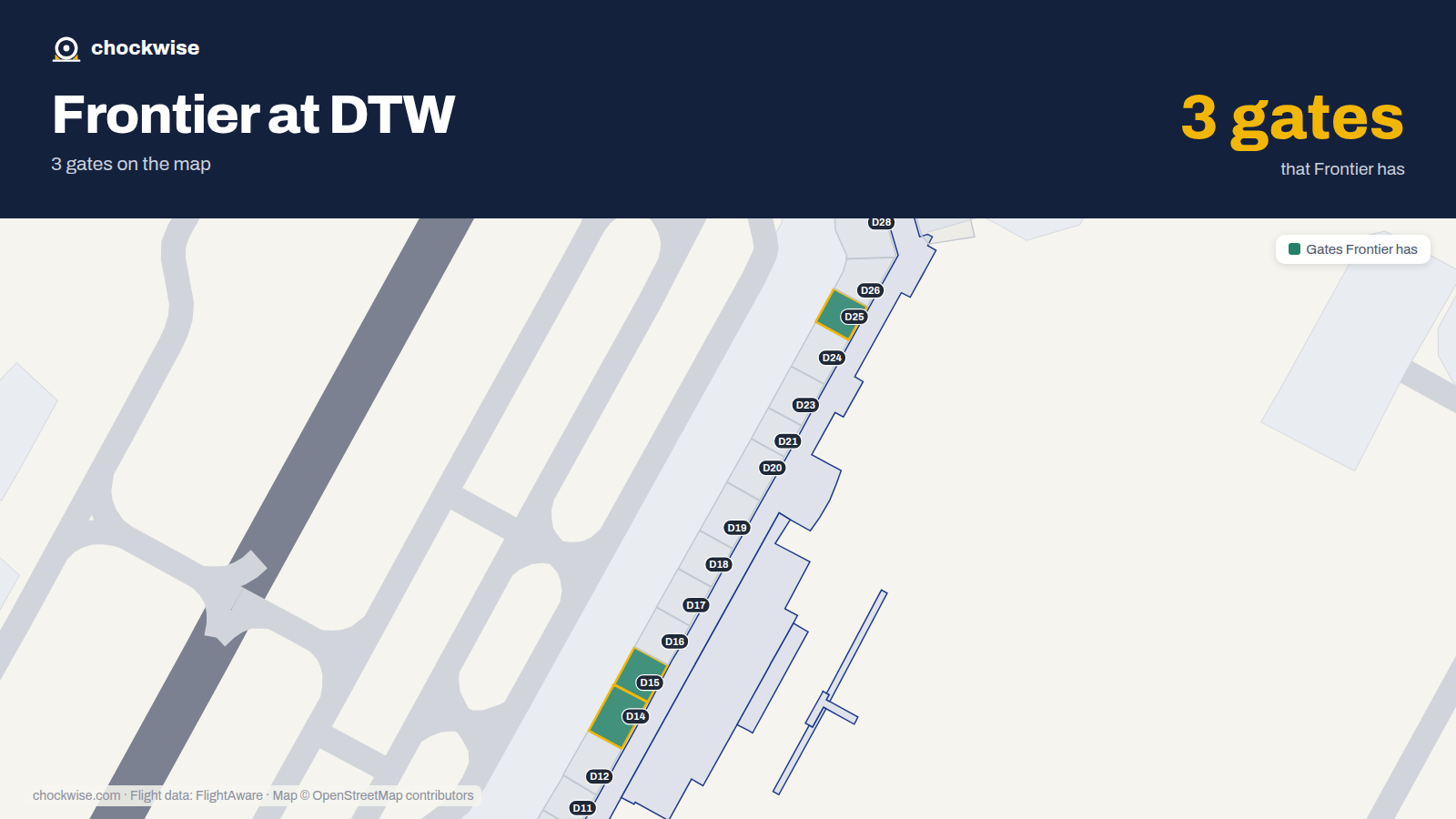 Map of DTW with the gates Frontier Airlines uses highlighted: D14, D15 and D25.