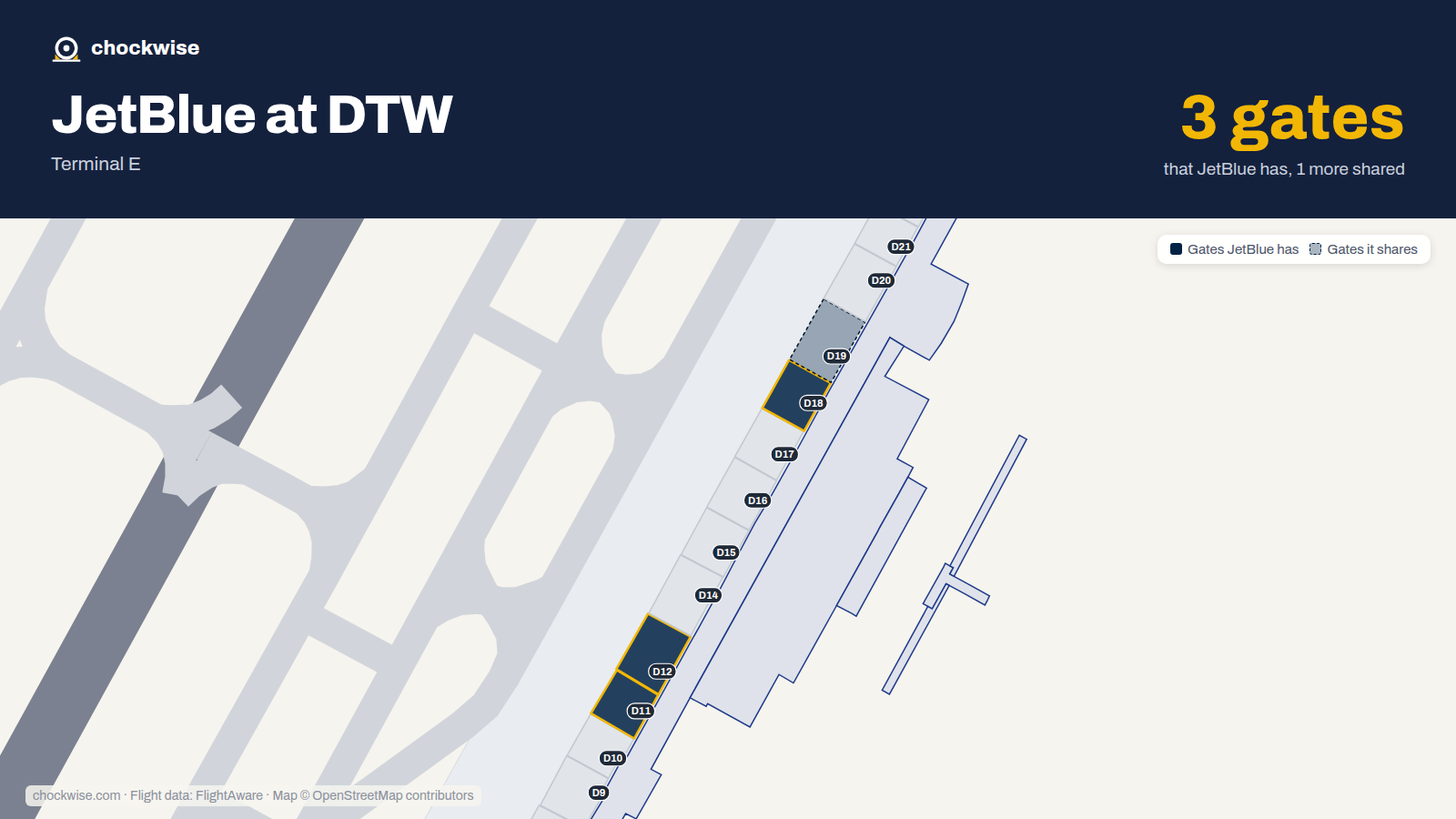 Map of DTW with the gates JetBlue uses highlighted: D11, D12 and D18.