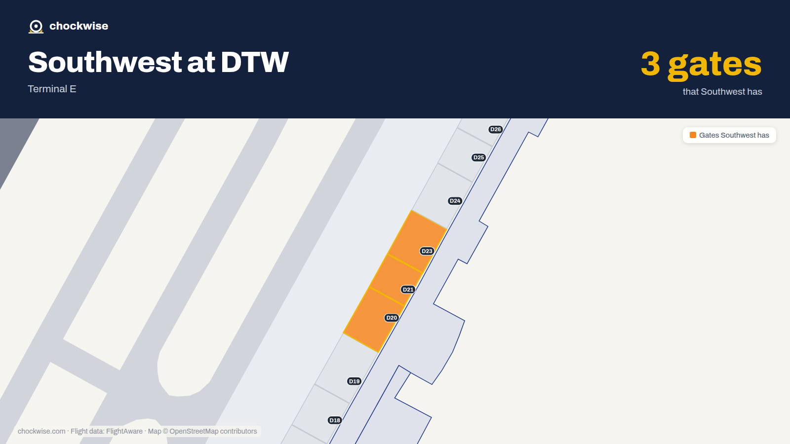 Map of DTW with the gates Southwest Airlines uses highlighted: D20, D21 and D23.