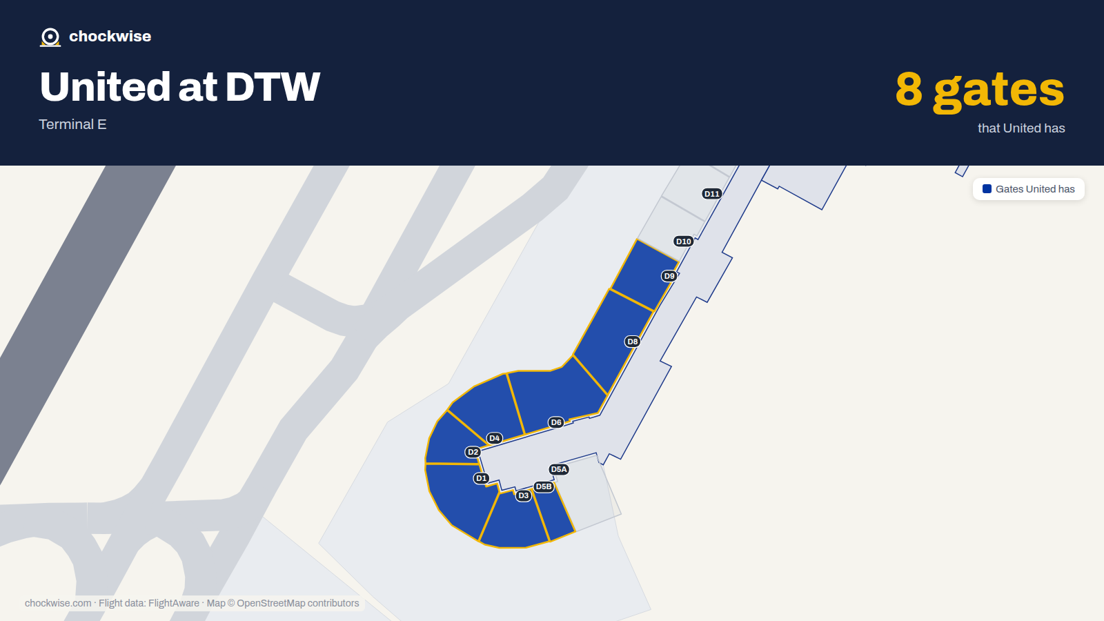 Map of DTW with the gates United Airlines uses highlighted: D1, D2, D3, D4, D5B, D6, D8 and D9.