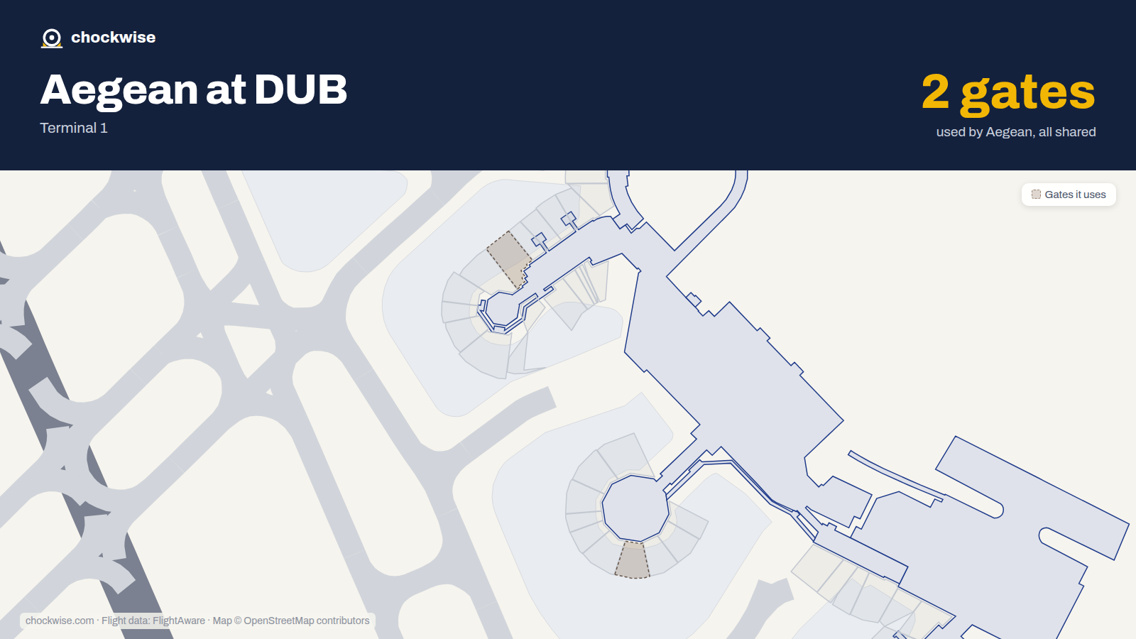Map of DUB with the gates Aegean Airlines uses highlighted: 214 and 306.
