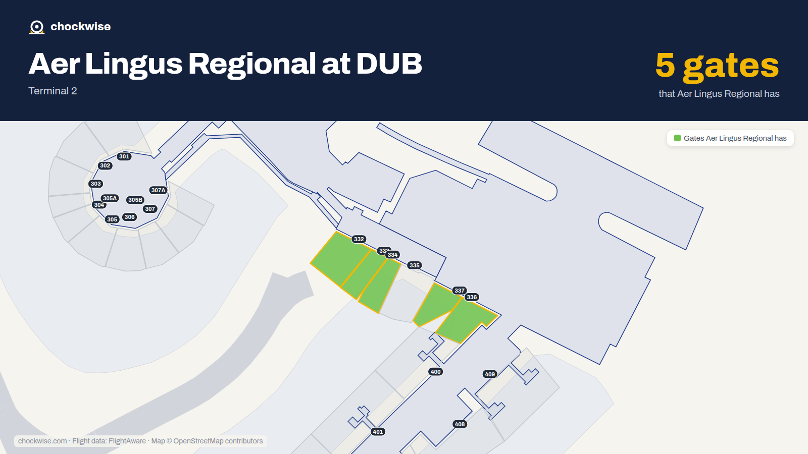 Map of DUB with the gates Aer Lingus Regional (Emerald Airlines) uses highlighted: 332, 333, 334, 336 and 337.