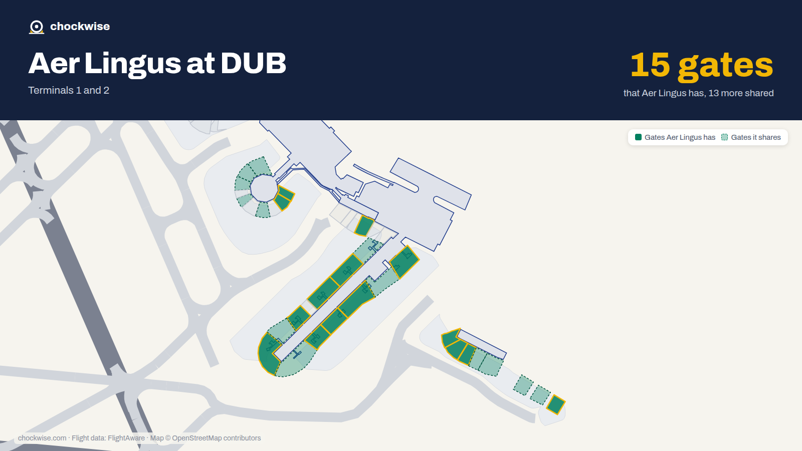 Map of DUB with the gates Aer Lingus uses highlighted: 307, 307A, 335, 401, 402, 403, 404L, 406 and 7 more.