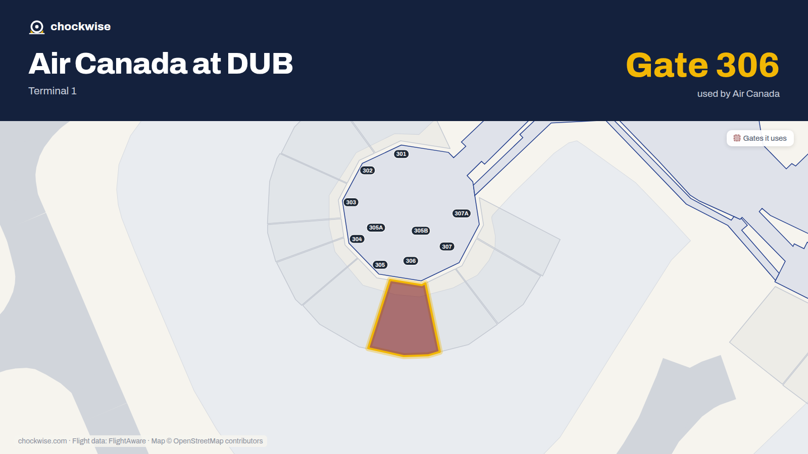 Map of DUB with the gates Air Canada uses highlighted: 306.