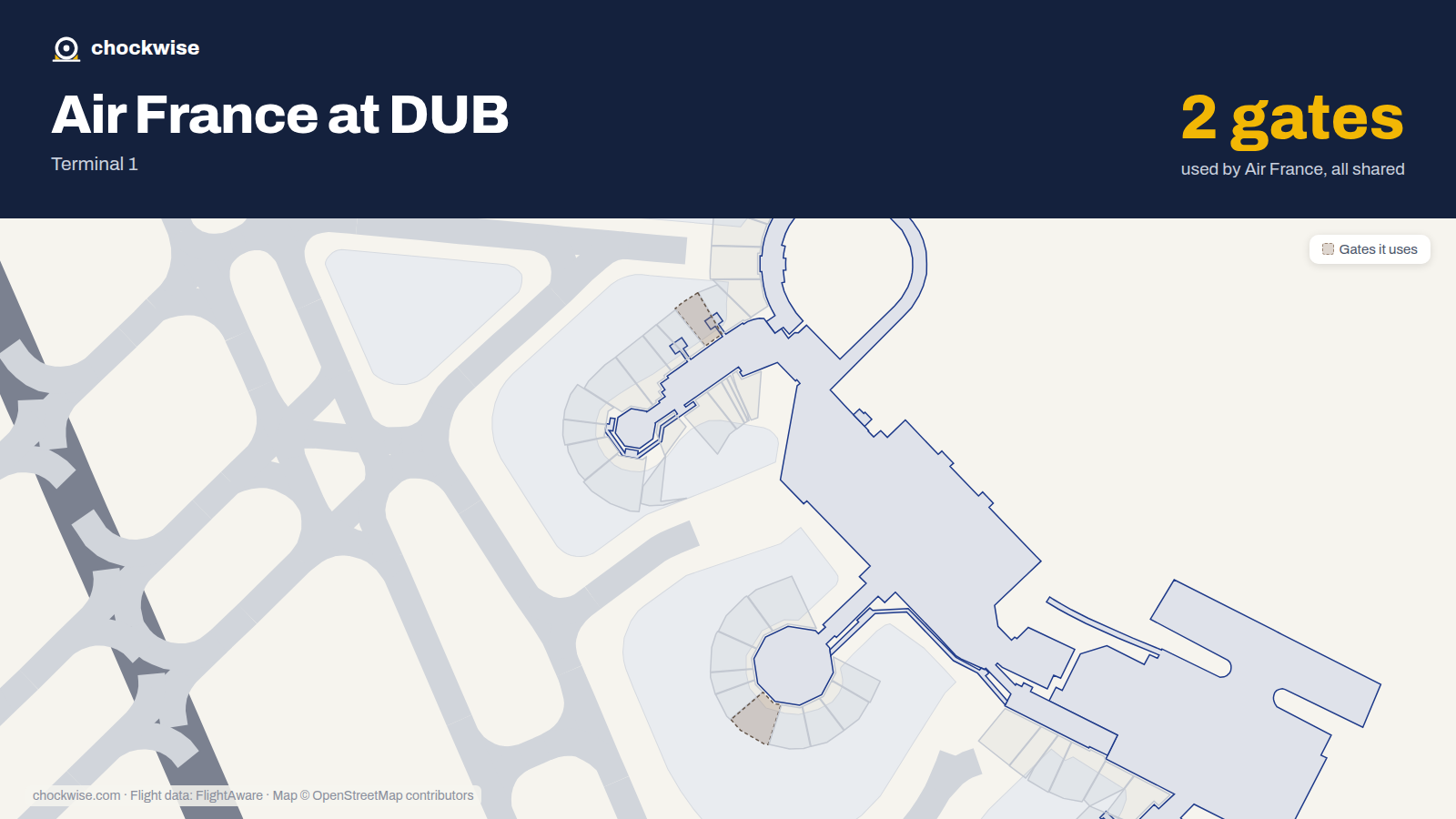 Map of DUB with the gates Air France uses highlighted: 202 and 305.
