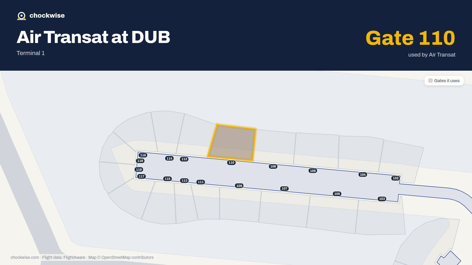 Map of DUB with the gates Air Transat uses highlighted: 110.