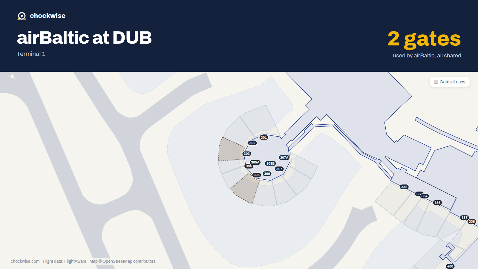 Map of DUB with the gates airBaltic uses highlighted: 303 and 305.