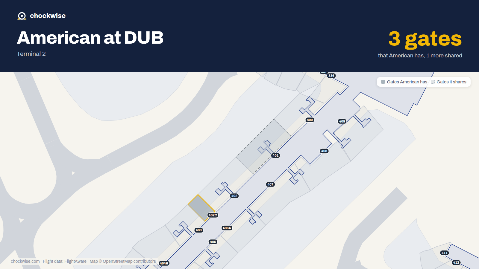 Map of DUB with the gates American Airlines uses highlighted: 402C.