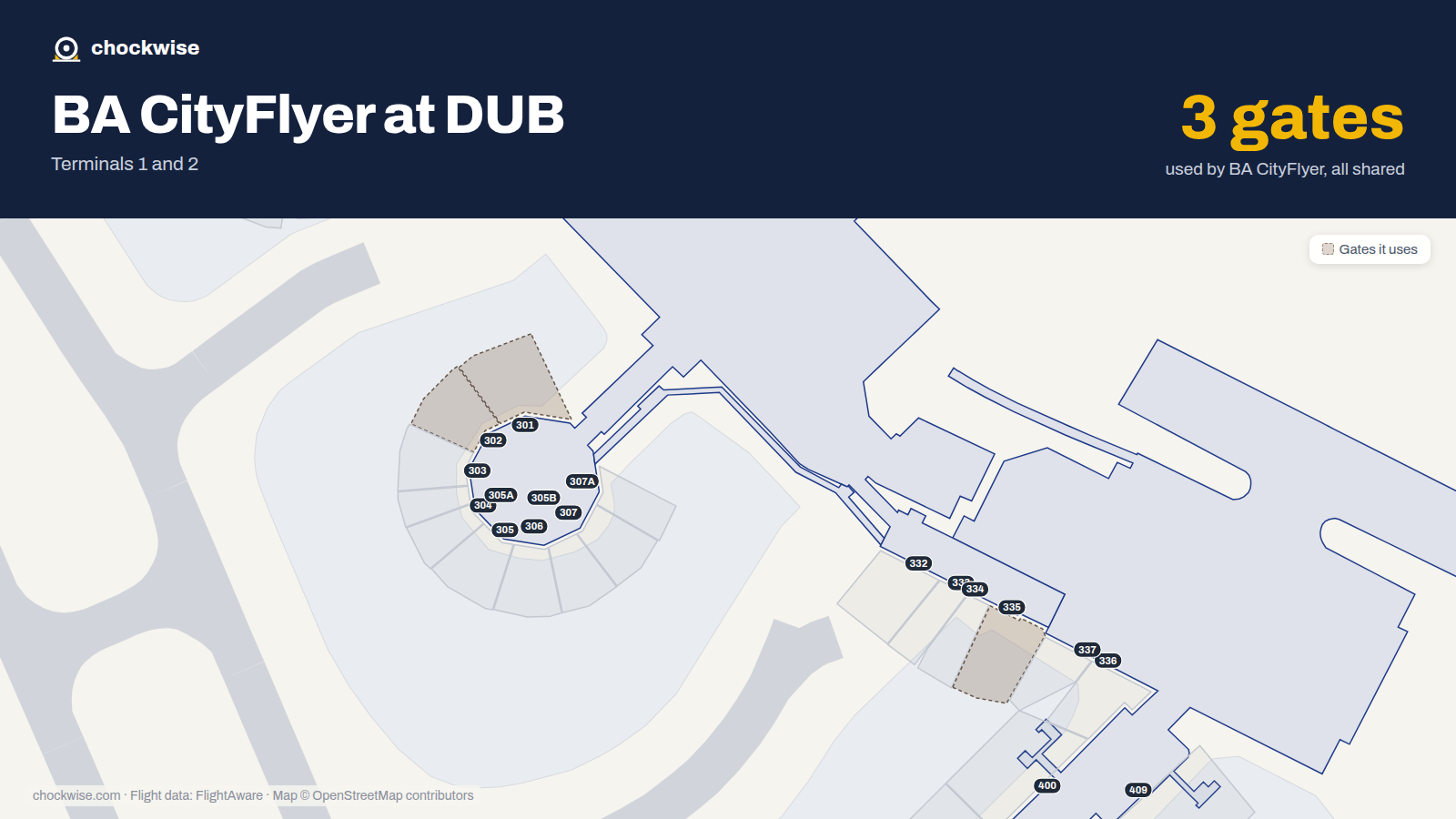 Map of DUB with the gates BA CityFlyer uses highlighted: 301, 302 and 335.