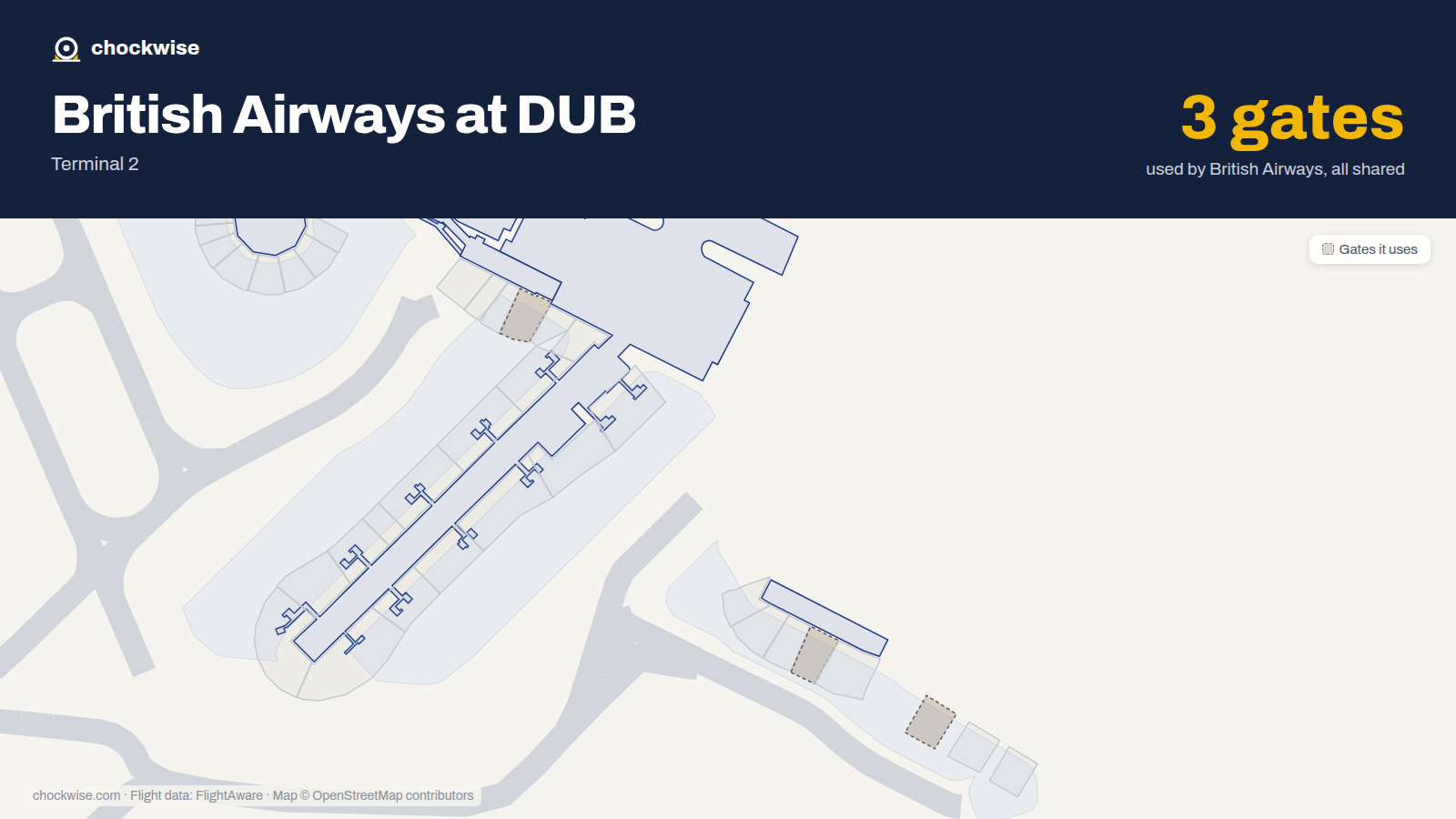 Map of DUB with the gates British Airways uses highlighted: 335, 414 and 416.