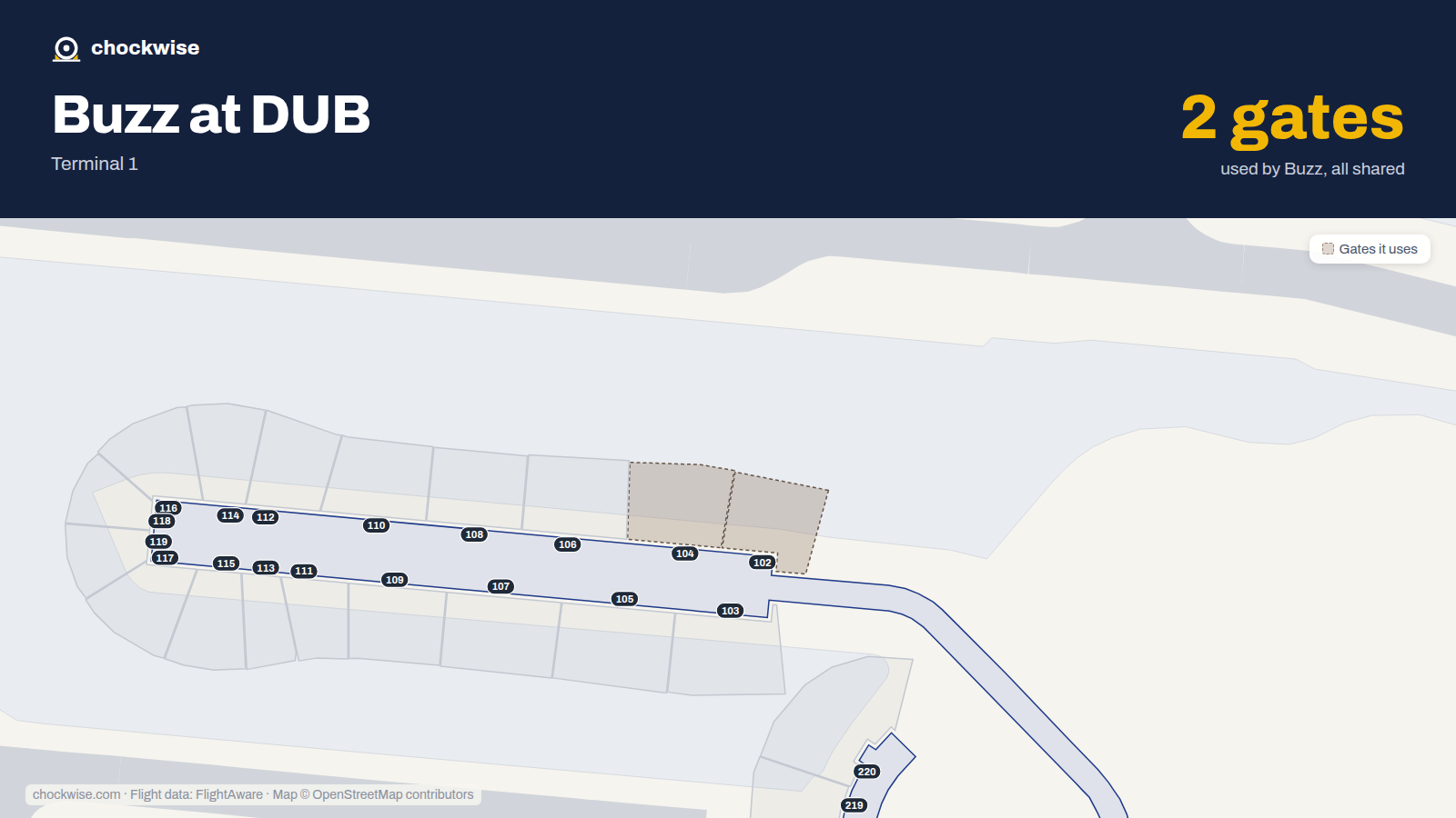 Map of DUB with the gates Buzz uses highlighted: 102 and 104.