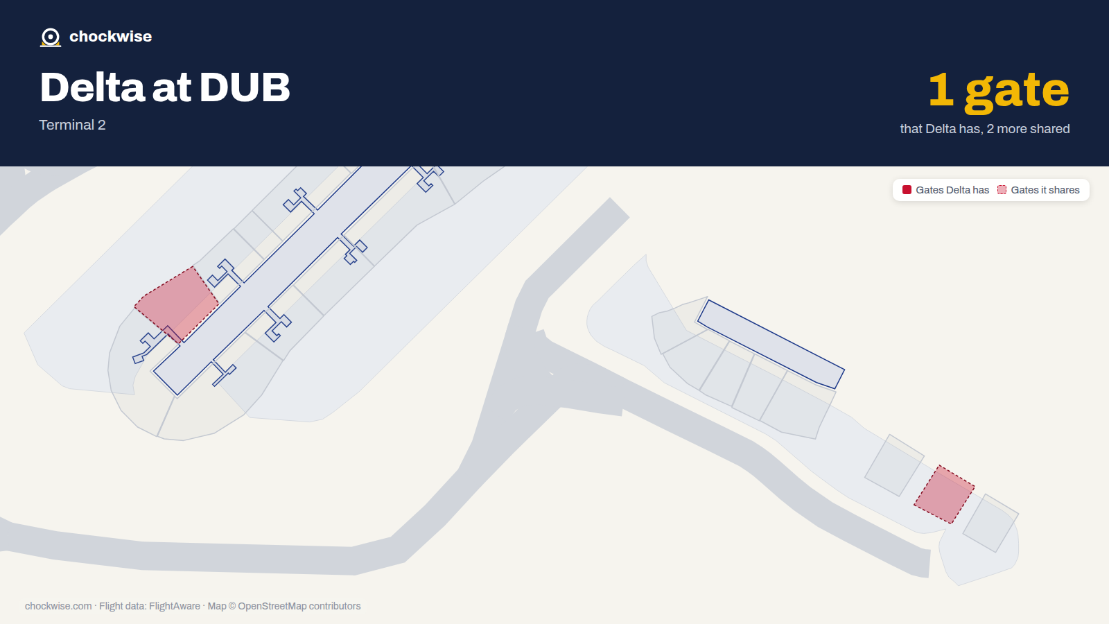 Map of DUB with the gates Delta Air Lines uses highlighted: 404R, 417 and TBA.