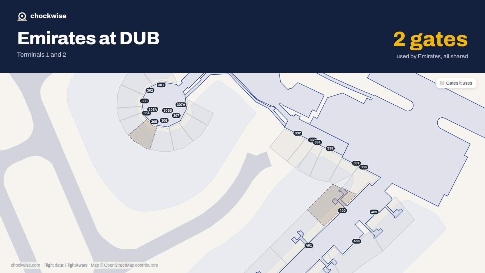 Map of DUB with the gates Emirates uses highlighted: 305 and 400.