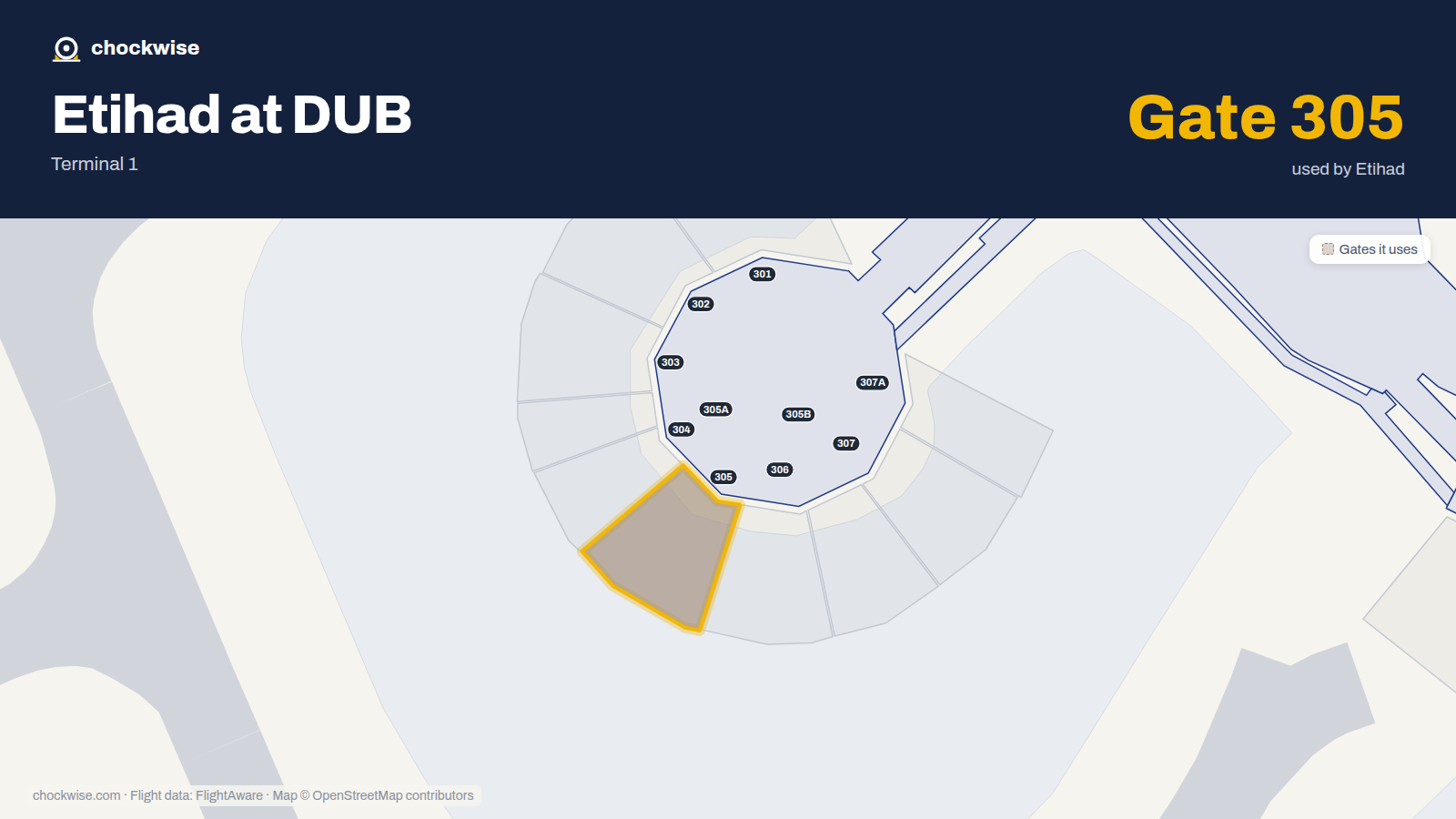 Map of DUB with the gates Etihad Airways uses highlighted: 305.