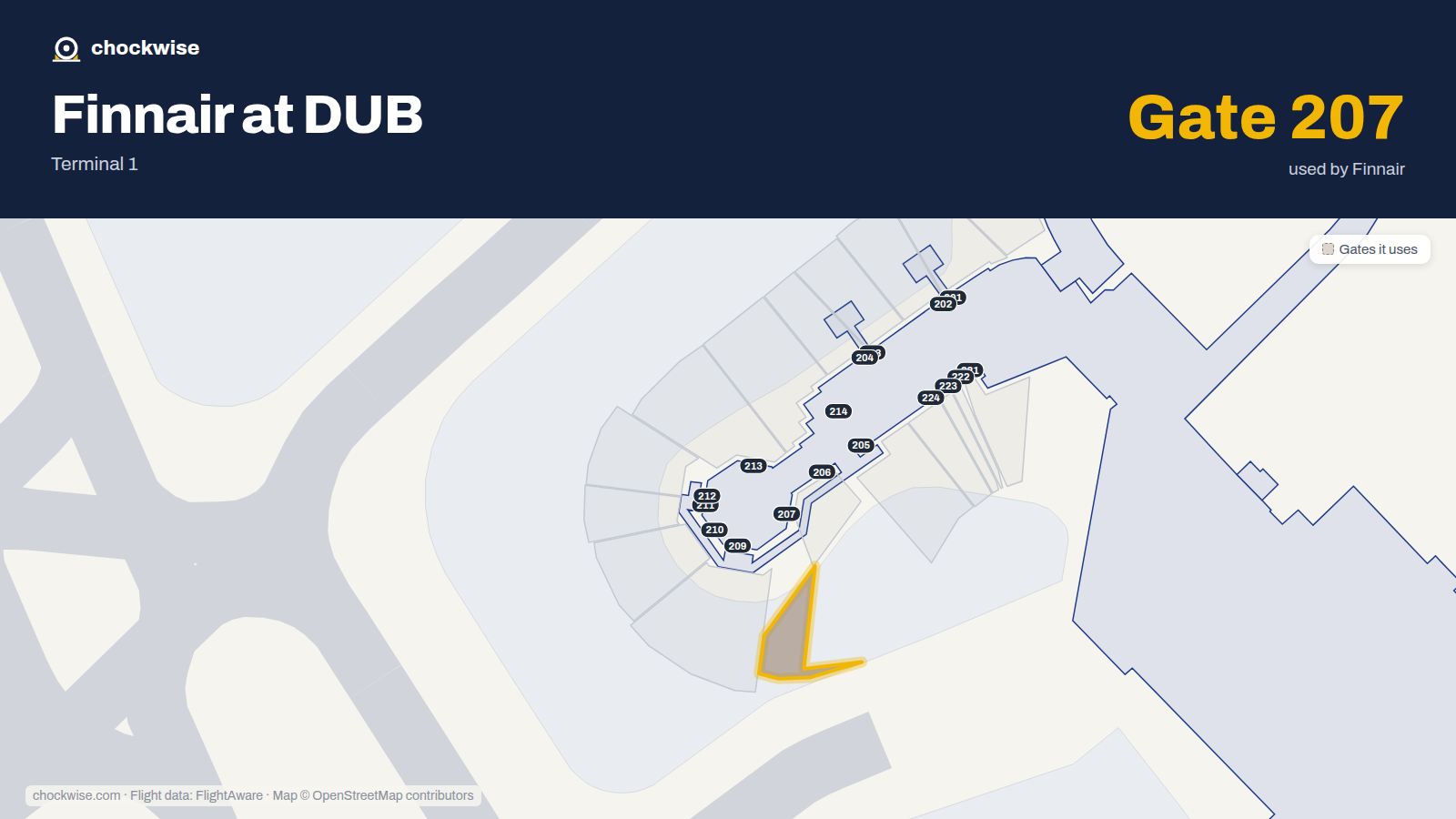 Map of DUB with the gates Finnair uses highlighted: 207.