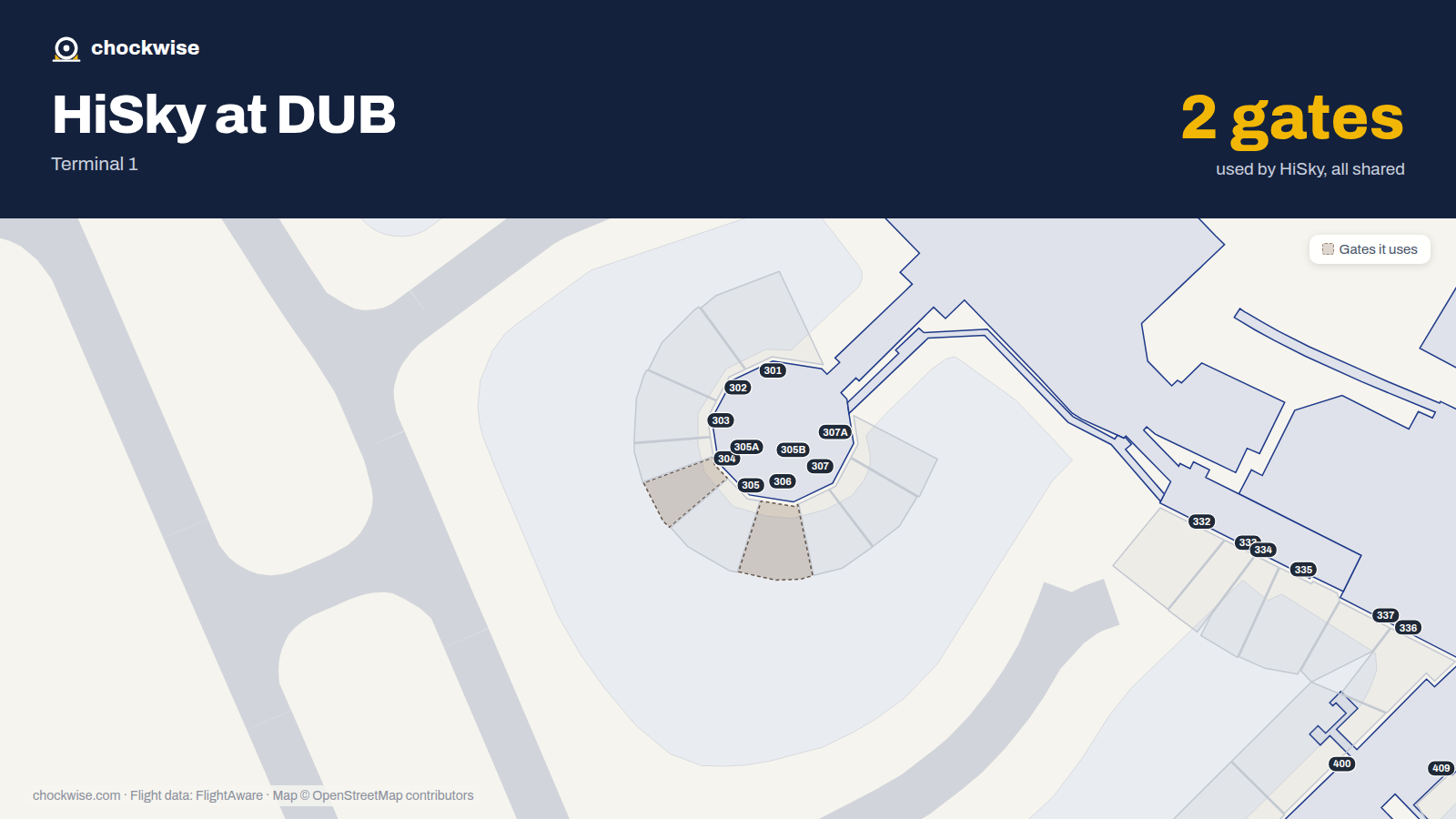Map of DUB with the gates HiSky uses highlighted: 304 and 306.