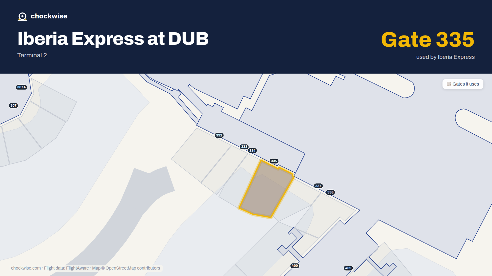 Map of DUB with the gates Iberia Express uses highlighted: 335.