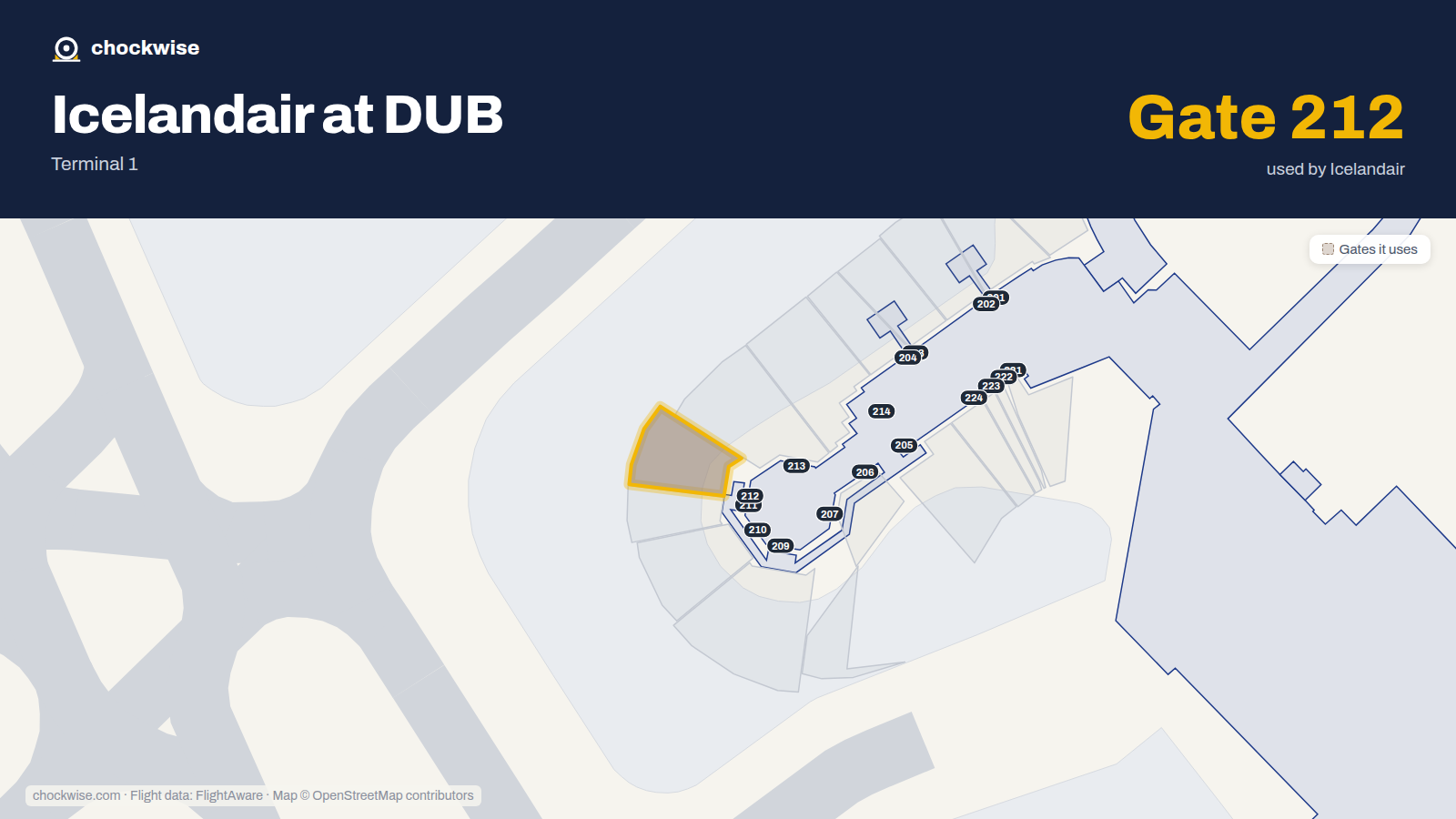 Map of DUB with the gates Icelandair uses highlighted: 212.