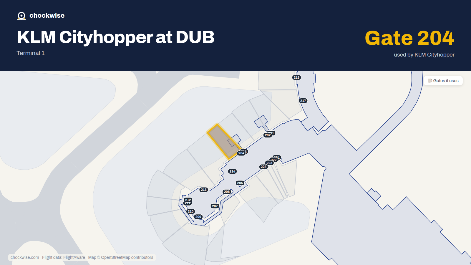 Map of DUB with the gates KLM Cityhopper uses highlighted: 204.
