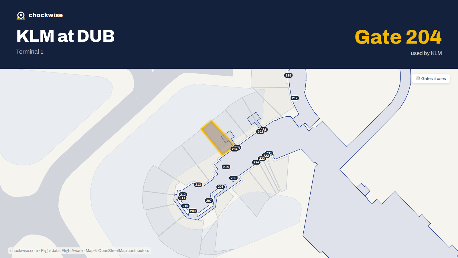 Map of DUB with the gates KLM uses highlighted: 204.