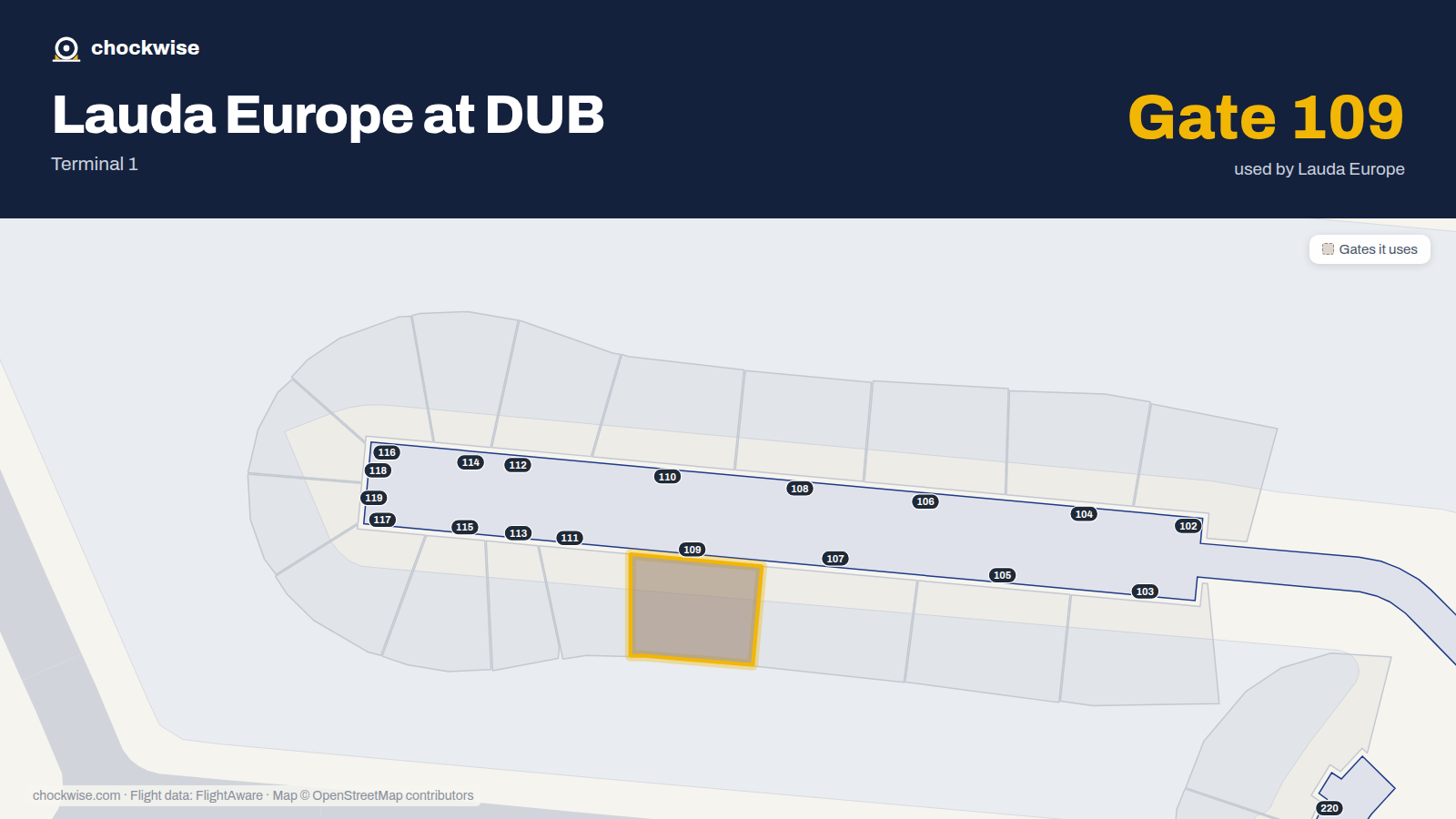 Map of DUB with the gates Lauda Europe uses highlighted: 109.