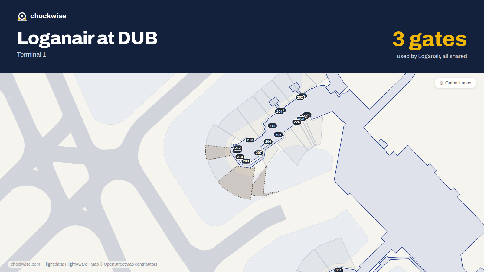 Map of DUB with the gates Loganair uses highlighted: 207, 209 and 211.