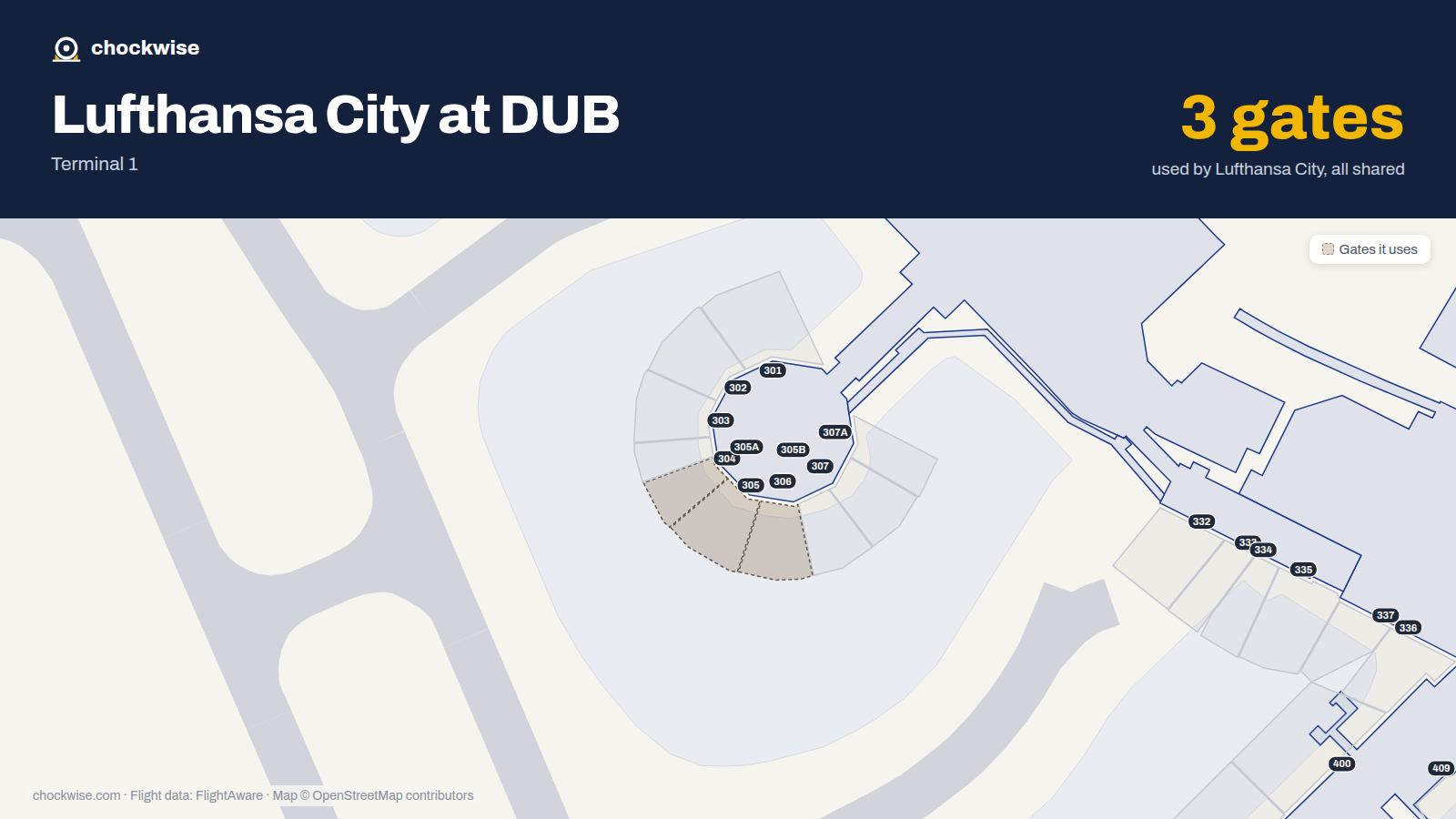 Map of DUB with the gates Lufthansa City Airlines uses highlighted: 304, 305 and 306.