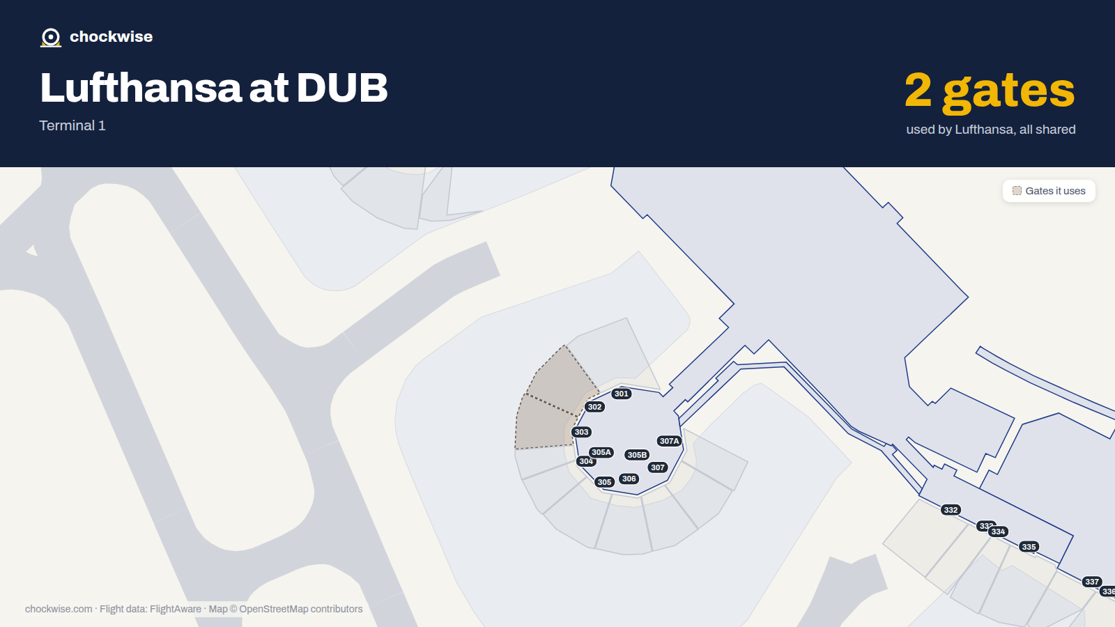 Map of DUB with the gates Lufthansa uses highlighted: 302 and 303.