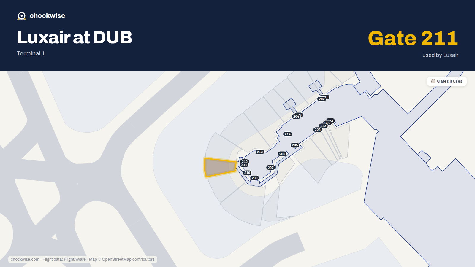 Map of DUB with the gates Luxair uses highlighted: 211.