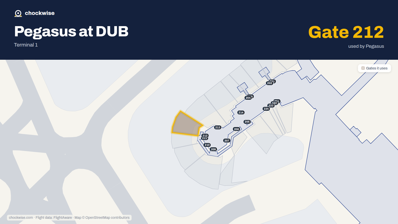 Map of DUB with the gates Pegasus Airlines uses highlighted: 212.