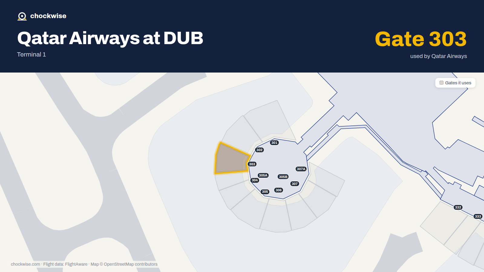 Map of DUB with the gates Qatar Airways uses highlighted: 303.