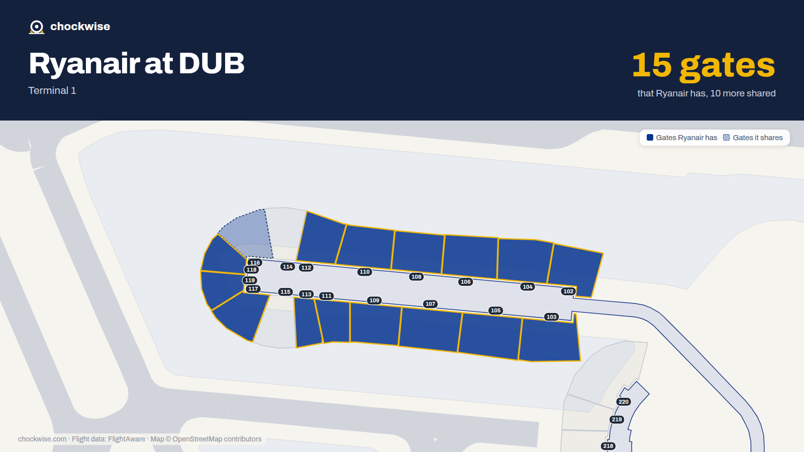 Map of DUB with the gates Ryanair uses highlighted: 102, 103, 104, 105, 106, 107, 108, 109 and 7 more.