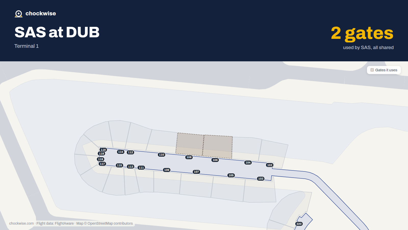 Map of DUB with the gates SAS Scandinavian Airlines uses highlighted: 106 and 108.