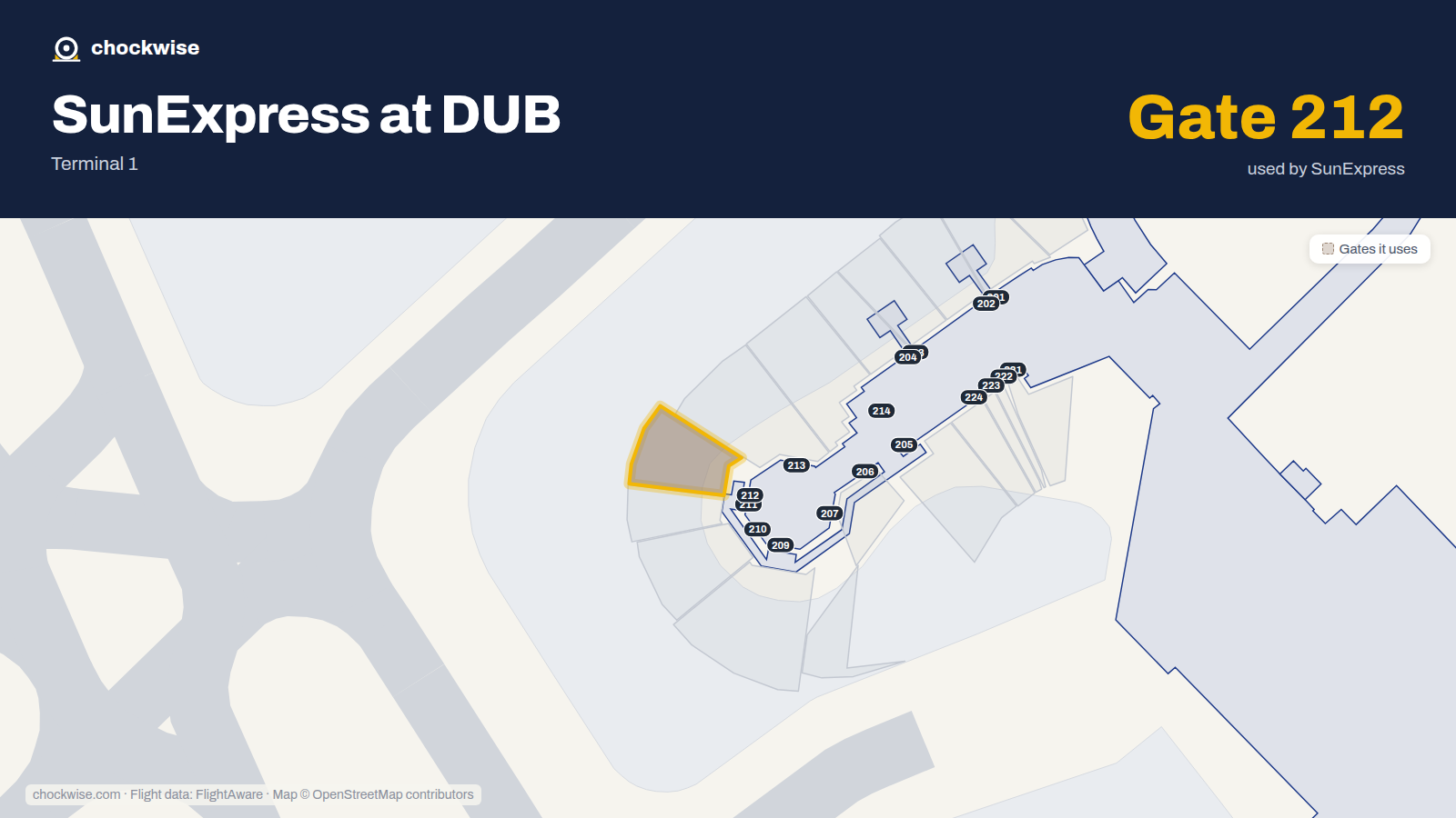 Map of DUB with the gates SunExpress uses highlighted: 212.