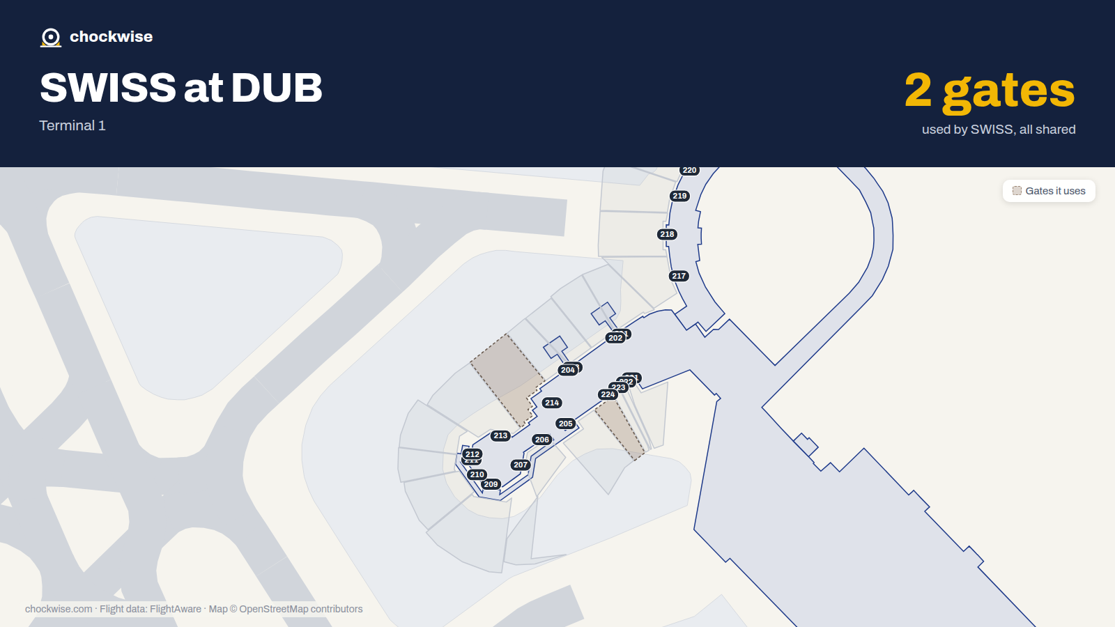 Map of DUB with the gates SWISS uses highlighted: 214 and 224.