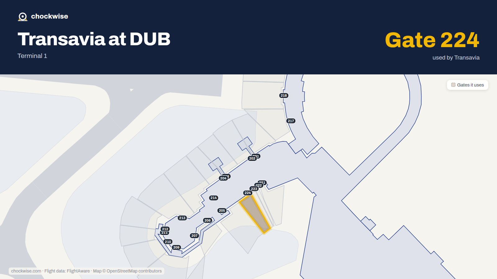 Map of DUB with the gates Transavia France uses highlighted: 224.