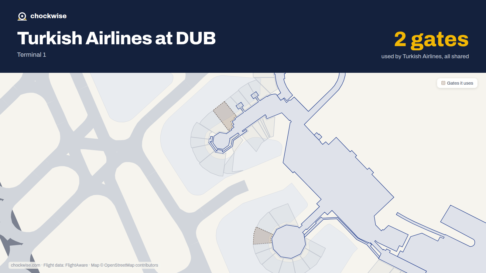 Map of DUB with the gates Turkish Airlines uses highlighted: 214 and 303.